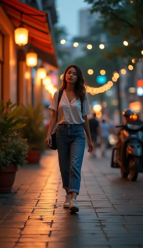  a woman wear casual clothes walking on a pedestrian sidewalk in Jakarta, suasana sore hari ulyg intim, with a running light , yg hangat,