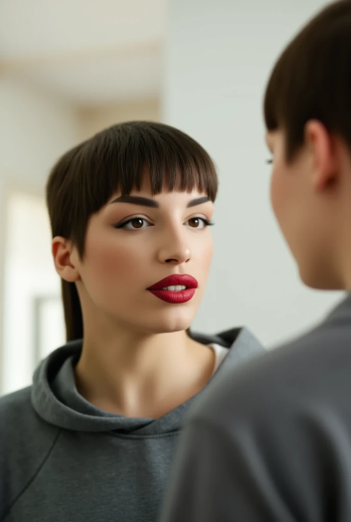 Seeing a womanfully from side, she is (bald completely shaved bald), she has crimson red lipstick and wearing a sweatshirt. (She is looking at her reflection in a mirror). ((Her reflection is her with long dark hair and bangs)). Both views of the woman are...