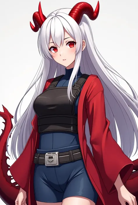 Make it anime style, One with fair skin ,  red eyes ,  with long straight white hair , She has red horns.  She wears a stylized red kimono , a black bulletproof vest ,  and a blue rubber shirt underneath.  She has a red dragon tail  