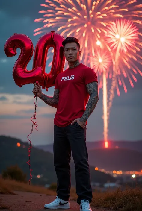  A handsome Asian man , full body tatto ,wearing a red t-shirt with a name on it"Felix" under long black jeans , wears Nike shoes ,standing while holding a shiny red balloon in the shape of a numeric number "2025" with a smile, looks real , background on a...