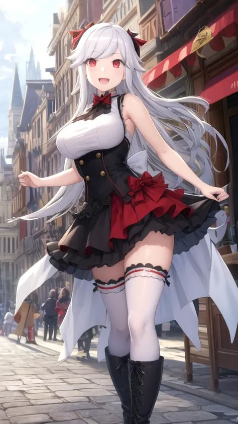 masterpiece, best quality, girl, solo, looking at viewer, bell_cranel, white hair, red eyes, large breasts, sleeveless idol dress, very puffy skirt, flared skirt, thigh highs, heeled boots, standing, smile, open mouth, outdoors 