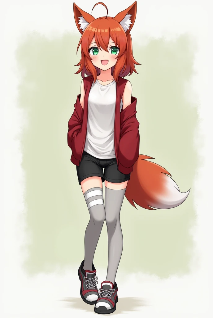 a  girl in anime style, may it be a kitsune,  water green eyes and a mint color ,  with slightly long and wavy reddish orange hair .  she will have as clothes a set consisting of black shorts and a white t-shirt attached to a thin crimson red sleeveless sw...