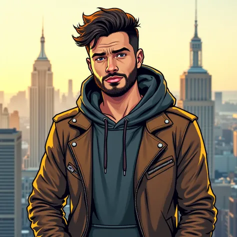 REALISTIC ILLUSTRATION OF HIGH GRAPHICS MODERN COMIC STYLE  ,  Young man with beard and mustard , dark gray hooded sweatshirt ,  leather jacket and leather gloves , uncomfortable comic type smile sequence of images , on the roof of a building, New York Cit...