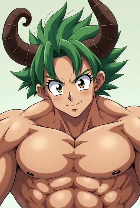 Grean haird muscular guy with curly brown horns loking at the camera from below with normal ears and a little smile anime  