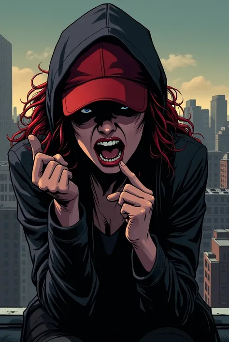 REALISTIC ILLUSTRATION OF HIGH GRAPHICS MODERN COMIC STYLE  , Young shadow woman covering her face,  with red hair in the shadows , red cap and dark gray hood , On the roof ,   in the background New York City,  furious, very angry, screaming and pointing w...