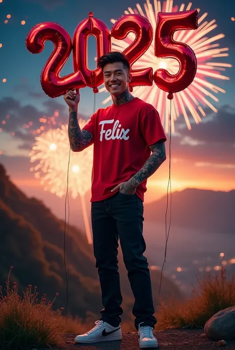  A handsome Asian man , full body tatto ,wearing a red t-shirt with a name on it"Felix" under long black jeans , wears Nike shoes ,standing while holding with both hands a shiny red balloon in the shape of a numeral inscription "2025" with a smile, looks r...