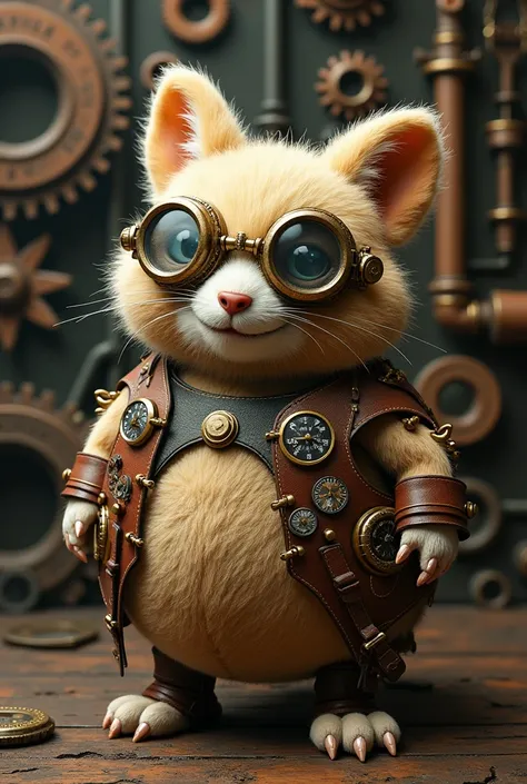 round furry steampunk monster with lenses and details of engineer watches and steampunk eyeglasses