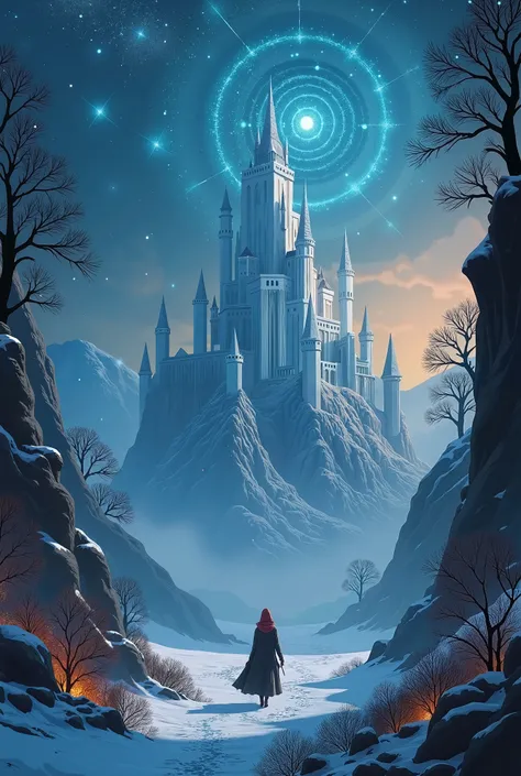 Create the cover of a fantasy book, Based on stars, a castle, ice and fire, forest.  That she is a hooded woman ,  the castle must be made of stone,  and there must be ice .  That the castle is not on a mountain, Let it be made of stone ,  that there is mu...