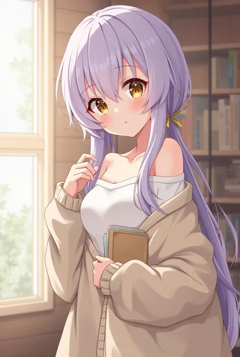 top quality, masterpiece, 748cm style, 1 girl, sleepy eyes, calm expression, faint blush, casual fantasy theme, oversized beige sweater falling off one shoulder, pastel lavender long hair with messy waves, bangs framing face, simple ribbon hair tie, soft a...