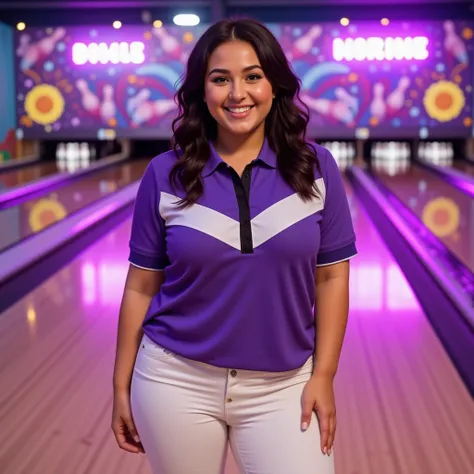 In a bowling alley, Angela White, a striking young woman, stands confidently in the center, her tight white jeans accentuating her curves, particularly her thick thighs. She wears a purple women’s bowling polo shirt with a wide vertical white stripe and bl...