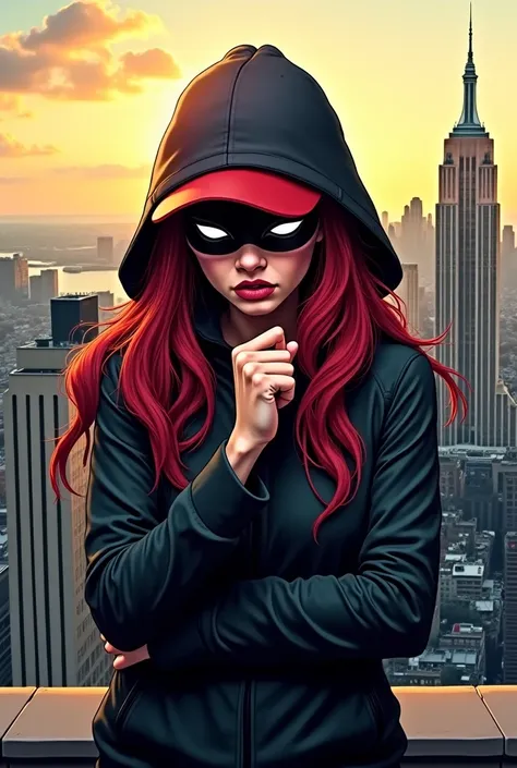 REALISTIC ILLUSTRATION OF HIGH GRAPHICS MODERN COMIC STYLE  , Young shadow woman covering her face,  twins with red hair, red cap and dark gray hood , On the roof ,   in the background New York City,  furious, very angry, screaming and pointing with her in...