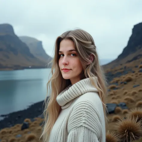 make her wear light colored sweater, scenery iceland