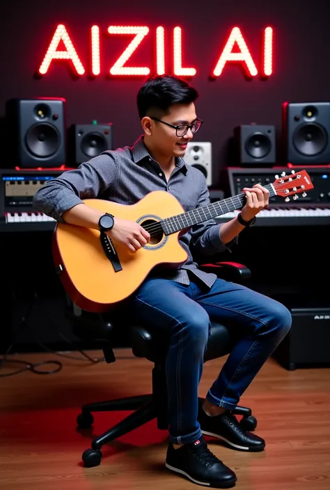 Indonesian man, short neat black hair, wearing glasses, checkered shirt and blue jeans, black Nike shoes, right arm wearing a black watch, sitting in a chair in his music studio while playing the guitar gracefully, in the background you can see several oth...