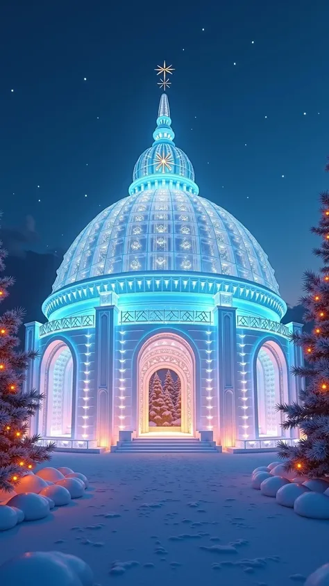 A transparent huge ice dome made of ice blocks, colorful lights leaking from Christmas trees and decorative lights, Huge Beautiful Ice Dome 　Delicate and Beautiful Ice Sculpture 　 Light Up in Gradation 　 Brilliant Ice Dome High Resolution, accurate,  won n...