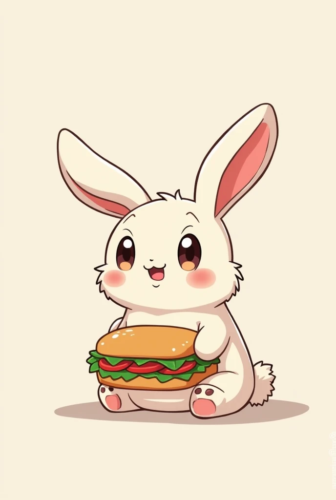 Kawaii anime cartoon style rabbit , This rabbit let him hold a sandwich from Subaway this rabbit who is sitting