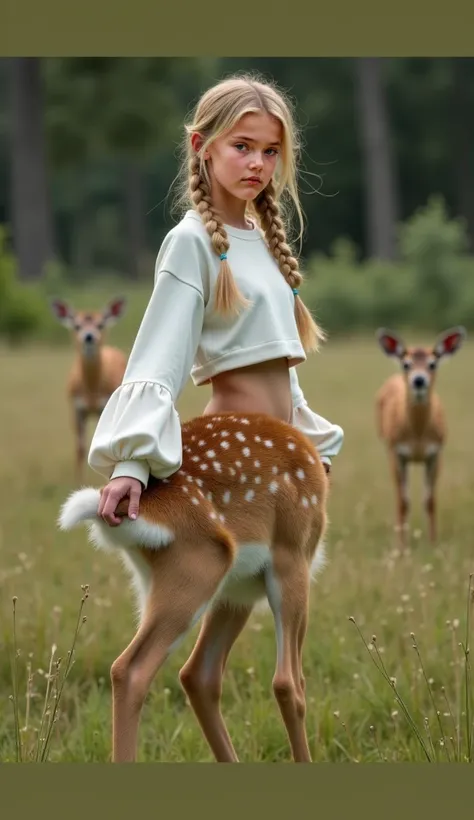 The depiction is of a being that merges human and a four-legged deer characteristics into a single form. The top portion resembles a young skinny pre-teen Caucasian woman with sun-kissed, golden-blonde hair arranged  in French braids around a heart-shaped ...