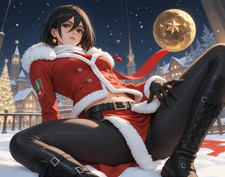 A modern and luxurious Christmas outfit for Mikasa could feature a long red coat with a white fur collar, emphasizing her elegance and simplicity. The bottom could include sleek black leather pants or a short red skirt, paired with tall black boots and a r...