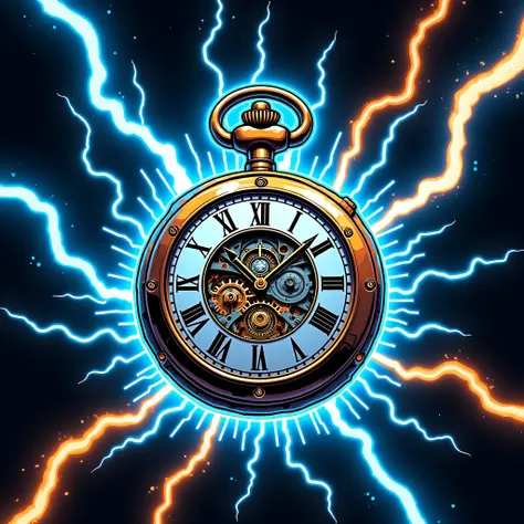 comic drawing with high graphics MODERN comic STYLE , pocket watch,  blue thunder and orange thunder around it