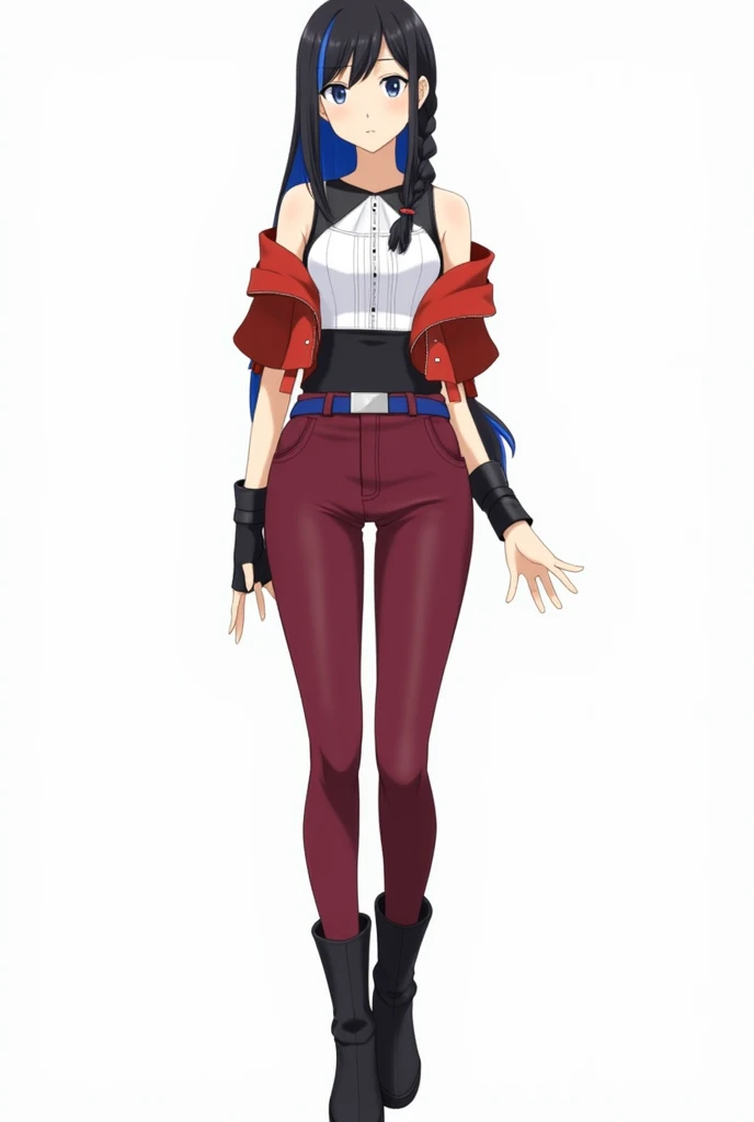 1; Full body; Female; Anime; Body Type: Adult, Lean; Bust Size: Medium; Hair Length: Long; Hair color: Black (#1A1B19) with blue (#001833) ombre, White (#FFFFFF) streak in forelocks; Hairstyle: Low, over the shoulder fishtail braid; Outfit: An off-shoulder...