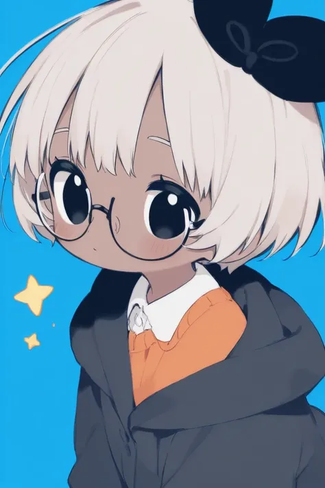 A cute girl with short hair with bangs, black eyes with square glasses, brown skin, on a blue background with stars.