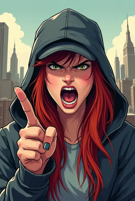 REALISTIC ILLUSTRATION OF HIGH GRAPHICS MODERN COMIC STYLE  , Young woman,  twins with red hair, red cap and dark gray hood , On the roof ,   in the background New York City,  furious, very angry, screaming and pointing with her index finger, indignant