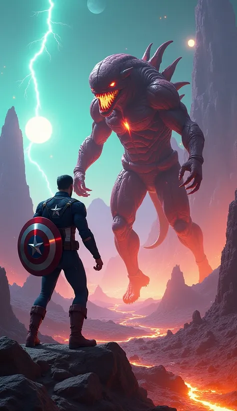 
 On a distant and hostile planet ,  Captain America  enfrenta uma criatura alienígena aterrorizante em um confronto épico.  The setting is a surreal landscape ,  with turquoise skies cut by violet lightning ,  two suns shining on the horizon and rocky ter...