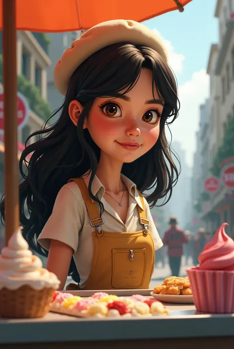  Short woman,  long black hair  , Strong character , round face, broad nose, Ice cream vendor  .