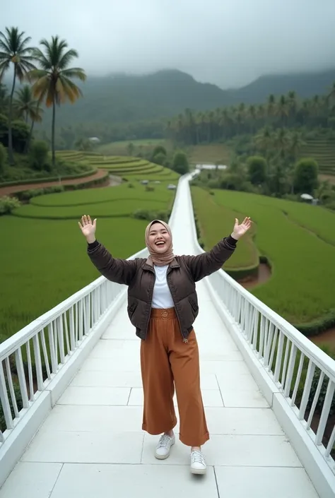 At a tourist spot, on a white bridge that forms a horizontal shape, and below it there is land covered with smooth green grass with terraces, there are also coconut and palm trees, an Indonesian woman wearing a hijab wearing a cool outfit with Korean women...