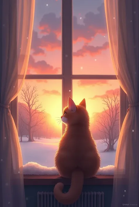 Fluffy Cat is sitting next to a window, watching beautiful sunset, winter breeze, wind blows