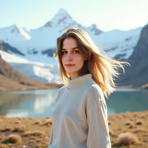 make her wear light colored sweater, blonde hair,  scenery iceland