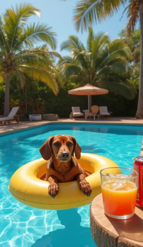 A chunky Dachshund floating belly up on a sturdy yellow inflatable ring in a sparkling blue pool. The dogs legs dangle over the edges, and its round belly slightly rises above the water. Beside the pool, on a realistic wooden table, are colorful cocktail g...