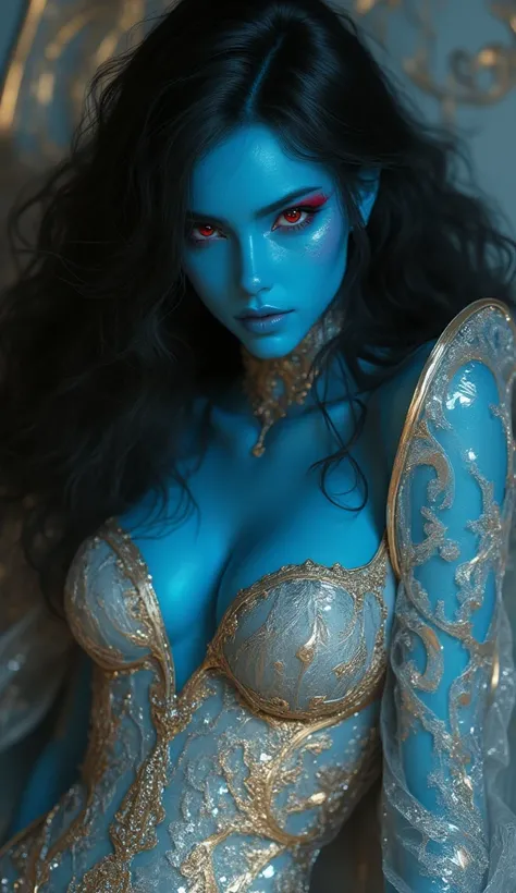 ((red eyes)), Women, ((blue skin)), long hair, black hair, metallic silver and gold Dress, very detailed face, beautiful, look of lust, full body, detailed body,
