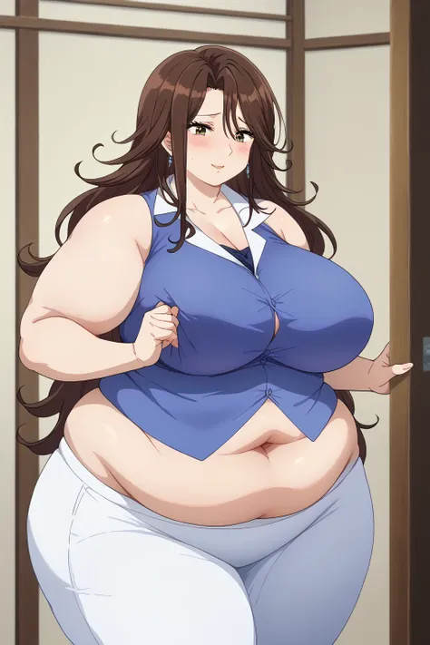  Sumeragi Lee Noriega ,  Sumeragi Lee Noriega ,blue shirt, sleeveless ,Sexy Tops,White trousers,Exposed navel,Obese middle-aged woman, troubled expression, embarrassing expression ,milf, chubby, king bang , score_9,  score_8_ up、 score_7_ up、 score_6_ up、 ...