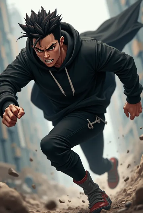 Anime male, running, side view, black hoodie, angry, hoodie, black pants 