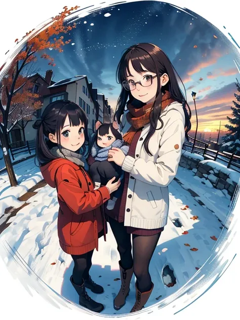 masterpiece，top quality， high image quality，( super flat ， flat shading )，fashionable glasses， beautiful dark hair，   fisheye lens， cute petite young sows are a trained mother and her lovely little daughter:1.2， warm scarf ， Down Jacket，(naked)， long hair，...