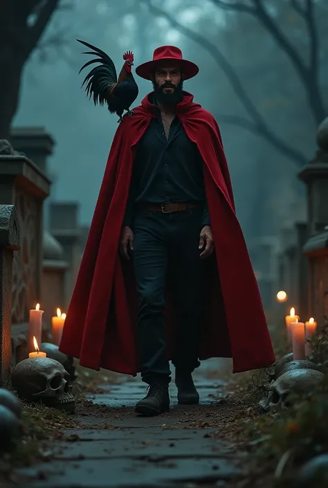  Ultra realistic image, 8k, realism,  a man with a defined body ,  is inside the cemetery walks between the graves at night  ,  he wears a red hat and a red cape , The appearance of Exú , He is smiling,  is bearded and good-looking ,  his skin is sweaty an...