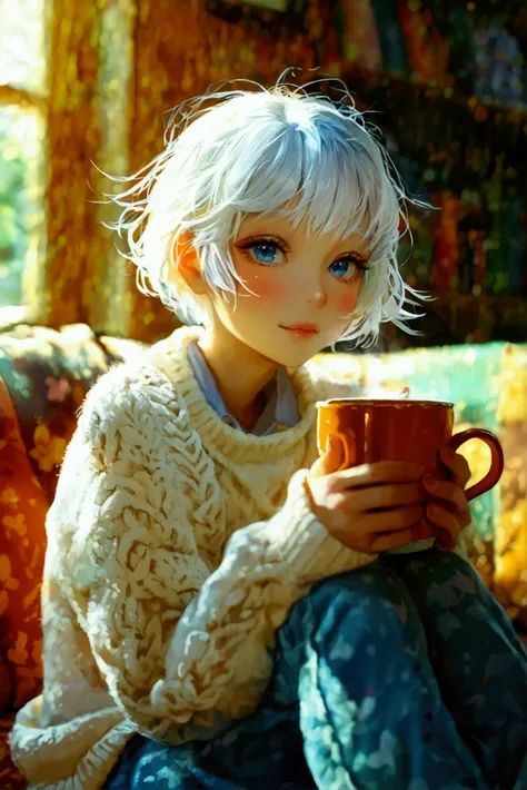 a cute girl with short, curly white hair, blue eyes, wears a cute white sweater, sitting on a couch, drinking coffee