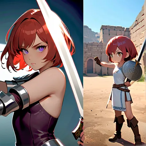 Masterpiece, hd, high resolution, high quality, best quality, super detailed. Solo character alone, multiple views. Fantasy art.
{{(A 14-years-old barbarian-girl:(appearance: messed short-medium-scarlet-red-hair. purple-eyes with black-pupils. slender-cont...