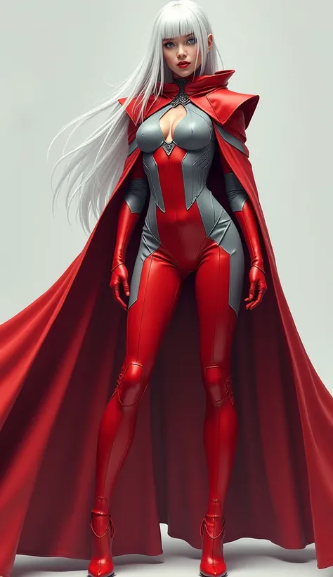  A woman with straight white hair with one eye blue and the other red ,  wears a feminine outfit with an elegant and futuristic aesthetic ,  in mainly red and gray tones .  This outfit suggests a mix between armor and superhero clothing ,  transmitting pow...