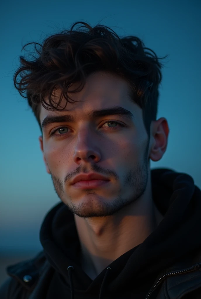  handsome white man ,  25 years, dark and short hair
slightly wider face , dark blue eyes and slightly shorter hair
wider cheek
One-day beard
there is a shaved line on the right eyebrow, Evening,  starry sky 
