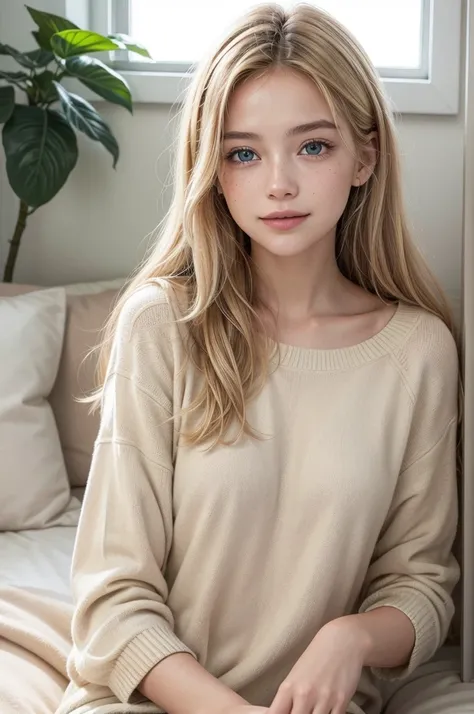 a 19 year old woman, realistic, muito realistic, pretty and blonde.  She has slightly wavy blond hair ,  falling on the shoulders ,  with a natural glow that reflects light . Her eyes are light,  like blue or green ,  standing out with light makeup ,  high...