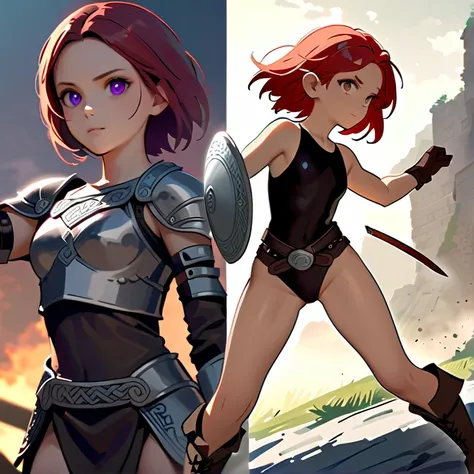 Masterpiece, hd, high resolution, high quality, best quality, super detailed. Solo character alone, multiple views. Fantasy art.
{{(A 14-years-old barbarian-girl:(appearance: messed short-medium-scarlet-red-hair. purple-eyes with black-pupils. slender-cont...