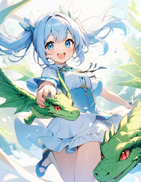  long light blue hair 、 Beautiful Girl with Twin Tails 、smile、A green dragon and a white snake are flying in the air、