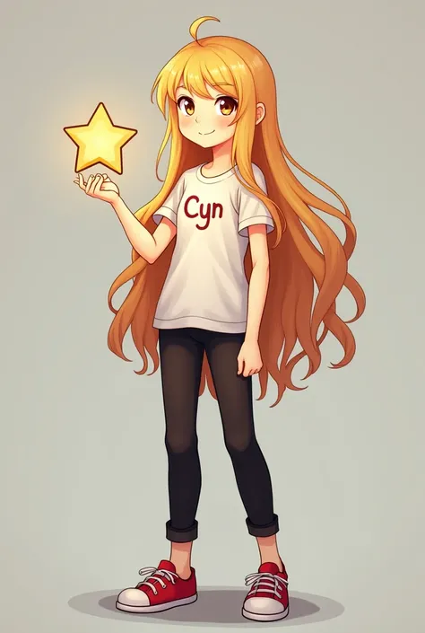  Long-haired wavy blonde brown-eyed girl wearing a t-shirt with the name Cyn ,with black pants with red shoes with a star in her hand 