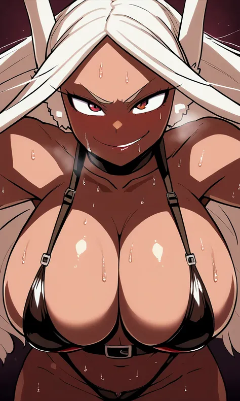 Mirko from the anime boku no hero with dark skin all dirty with sweaty big boobs and wearing dominatrix latex suit and holding a knife and looking to the camera with a naughty face and heavy breathing and sweating from hot