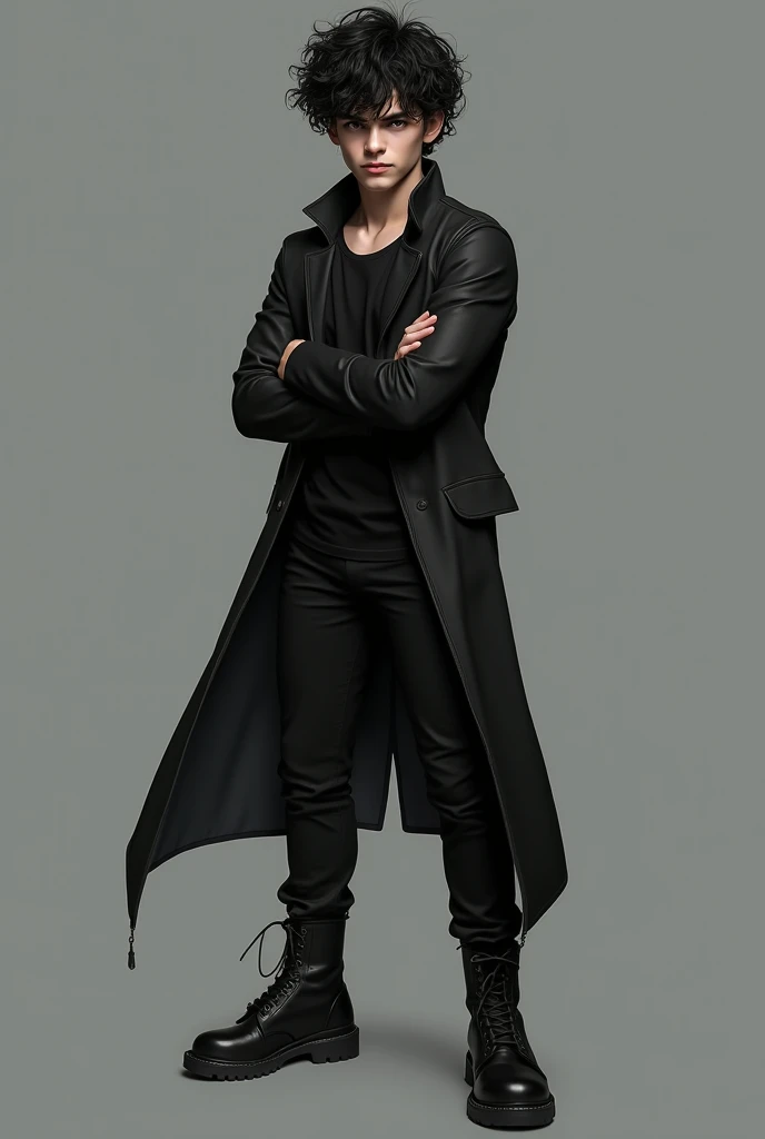 young and handsome boy,  black hair,  curly hair, black jacket,  black boots,  black clothes,  in a serious face,  brown eyes , muscular,  arms crossed ,  looking at the viewer, 