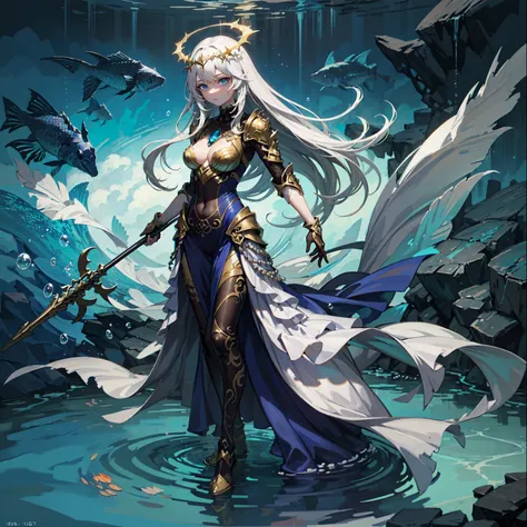 (((masterpiece, best quality, high detailed, 16k))) (1girl) A serene female warrior with long, flowing aquamarine hair and deep, tranquil blue eyes. Her armor is made of shimmering scales, reflecting the colors of the ocean. She carries a staff adorned wit...