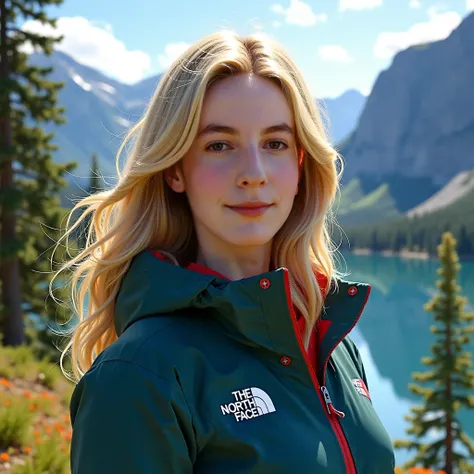 make her with blonde hair. wearing clothes from the north face,cascadia scenery, make realistic.