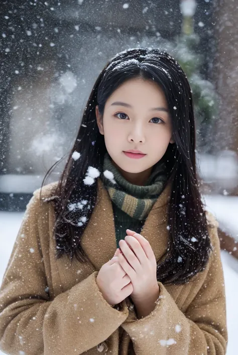  waiting for the steam you care about the clock。
Japanese beauty with long black hair 　Its snowing too 。Im wearing a beige coat。8k high quality 　 like a movie 