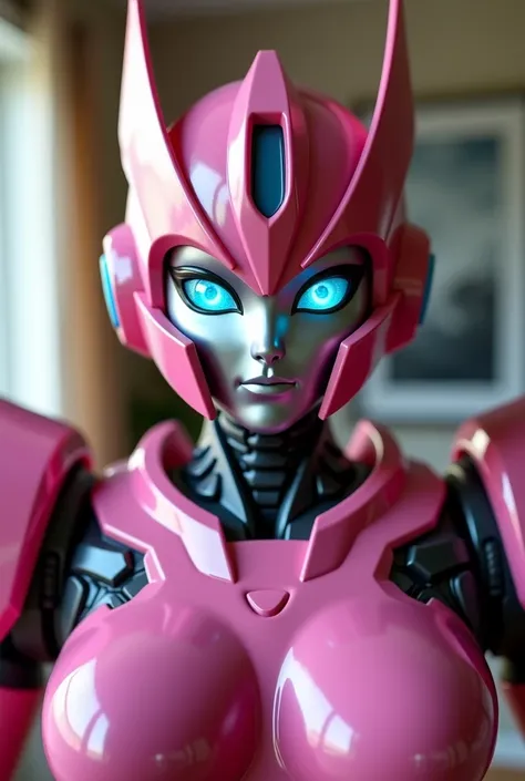  Arcee the autobot from transformers in the family room. Looking at and standing up super close to the camera like a selfie 
Arcee robot face
Dark metallic pink  autobot 
Small cute smile
Massive even robot  breasts
Beautiful eyes